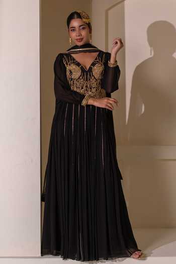 Buy Rasasvada Black Silk, Georgette, Dupion V-neck Placement Embellished Anarkali Online at Aza Fashions Buy_Rasasvada_Black Silk, Georgette, Dupion V-neck Placement Embellished Anarkali _Online_at_Aza_Fashions
