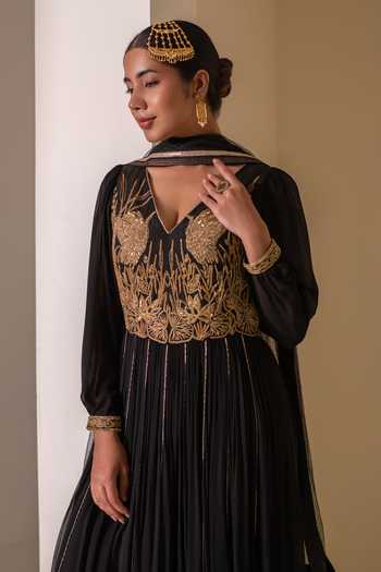 Shop Rasasvada Black Silk, Georgette, Dupion V-neck Placement Embellished Anarkali Online at Aza Fashions Shop_Rasasvada_Black Silk, Georgette, Dupion V-neck Placement Embellished Anarkali _Online_at_Aza_Fashions