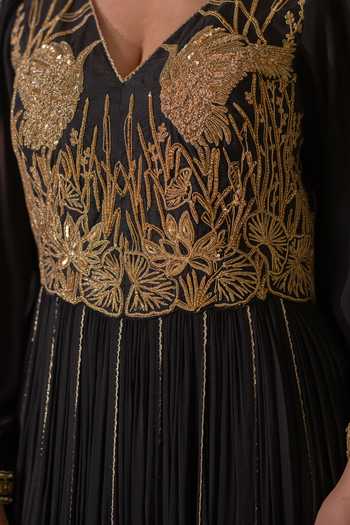 Rasasvada Black Silk, Georgette, Dupion V-neck Placement Embellished Anarkali at Aza Fashions Rasasvada_Black Silk, Georgette, Dupion V-neck Placement Embellished Anarkali _at_Aza_Fashions