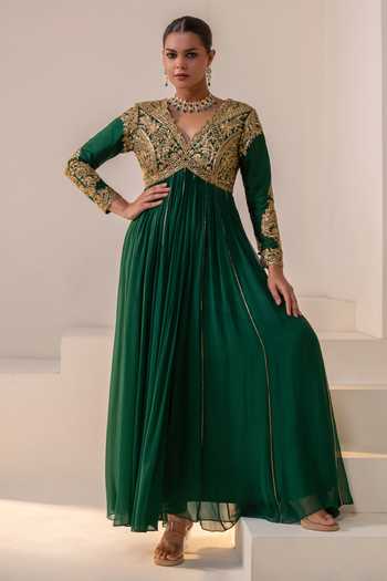 Buy Rasasvada Green Georgette, Dupion V-neck Floral Embellished Anarkali Online at Aza Fashions Buy_Rasasvada_Green Georgette, Dupion V-neck Floral Embellished Anarkali _Online_at_Aza_Fashions