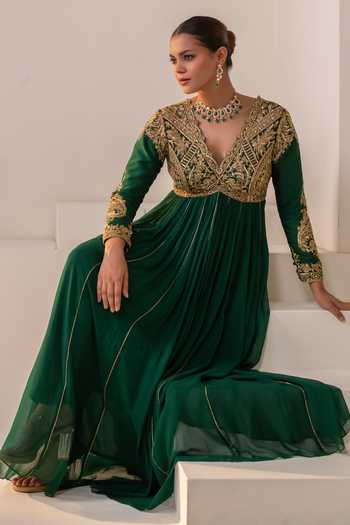Shop Rasasvada Green Georgette, Dupion V-neck Floral Embellished Anarkali Online at Aza Fashions Shop_Rasasvada_Green Georgette, Dupion V-neck Floral Embellished Anarkali _Online_at_Aza_Fashions