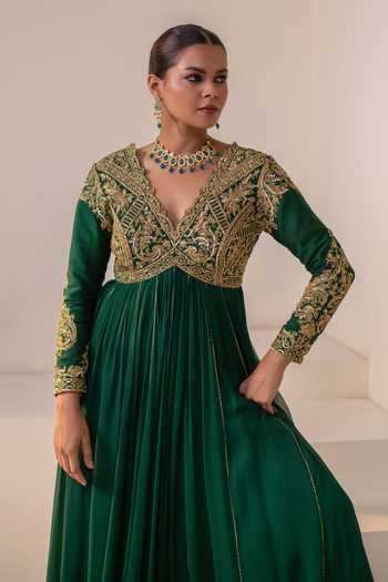 Rasasvada Green Georgette, Dupion V-neck Floral Embellished Anarkali at Aza Fashions Rasasvada_Green Georgette, Dupion V-neck Floral Embellished Anarkali _at_Aza_Fashions
