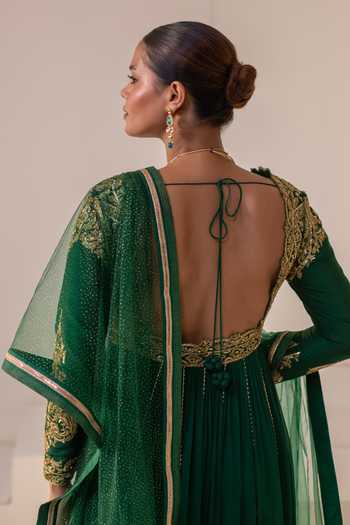 Buy Rasasvada Green Georgette, Dupion V-neck Floral Embellished Anarkali Buy_Rasasvada_Green Georgette, Dupion V-neck Floral Embellished Anarkali