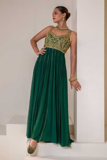 Rasasvada_Emerald Green Silk, Georgette, Dupion Halter Neck Placement Embellished Anarkali _Online_at_Aza_Fashions