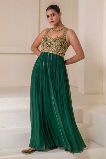 Buy_Rasasvada_Emerald Green Silk, Georgette, Dupion Halter Neck Placement Embellished Anarkali _Online_at_Aza_Fashions