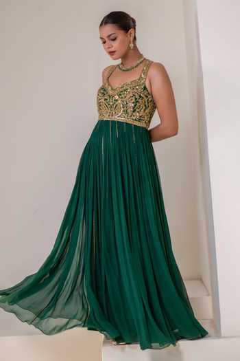 Shop_Rasasvada_Emerald Green Silk, Georgette, Dupion Halter Neck Placement Embellished Anarkali _Online_at_Aza_Fashions
