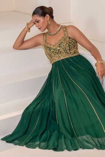 Rasasvada_Emerald Green Silk, Georgette, Dupion Halter Neck Placement Embellished Anarkali _at_Aza_Fashions
