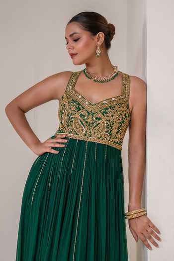 Buy_Rasasvada_Emerald Green Silk, Georgette, Dupion Halter Neck Placement Embellished Anarkali 