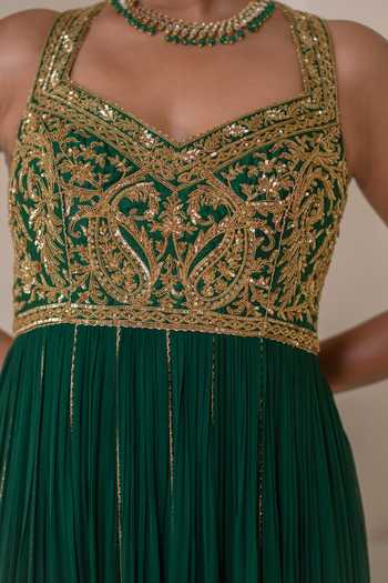 Shop_Rasasvada_Emerald Green Silk, Georgette, Dupion Halter Neck Placement Embellished Anarkali 