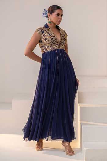 Rasasvada Blue Georgette, Dupion, Silk Collared Neck Embellished Anarkali Online at Aza Fashions Rasasvada_Blue Georgette, Dupion, Silk Collared Neck Embellished Anarkali _Online_at_Aza_Fashions
