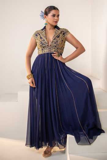 Buy Rasasvada Blue Georgette, Dupion, Silk Collared Neck Embellished Anarkali Online at Aza Fashions Buy_Rasasvada_Blue Georgette, Dupion, Silk Collared Neck Embellished Anarkali _Online_at_Aza_Fashions