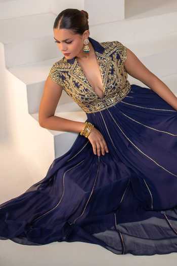 Shop Rasasvada Blue Georgette, Dupion, Silk Collared Neck Embellished Anarkali Online at Aza Fashions Shop_Rasasvada_Blue Georgette, Dupion, Silk Collared Neck Embellished Anarkali _Online_at_Aza_Fashions