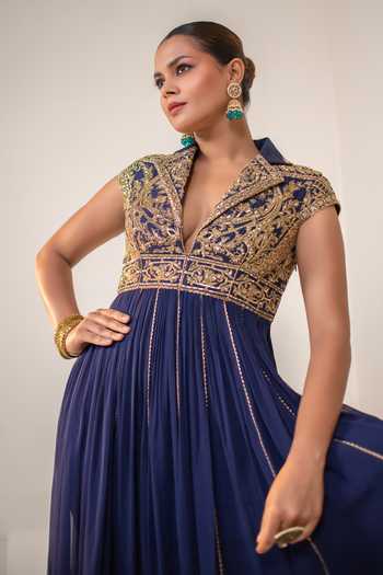 Rasasvada Blue Georgette, Dupion, Silk Collared Neck Embellished Anarkali at Aza Fashions Rasasvada_Blue Georgette, Dupion, Silk Collared Neck Embellished Anarkali _at_Aza_Fashions