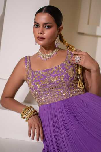 Rasasvada Purple Silk, Georgette, Dupion Square Neck Placement Embellished Anarkali Online at Aza Fashions Rasasvada_Purple Silk, Georgette, Dupion Square Neck Placement Embellished Anarkali _Online_at_Aza_Fashions