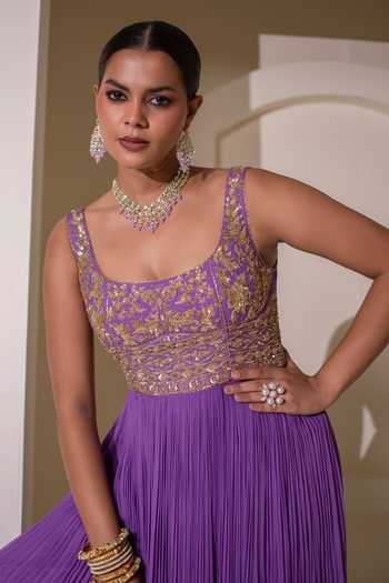 Rasasvada Purple Silk, Georgette, Dupion Square Neck Placement Embellished Anarkali at Aza Fashions Rasasvada_Purple Silk, Georgette, Dupion Square Neck Placement Embellished Anarkali _at_Aza_Fashions