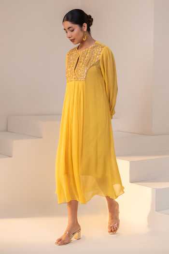 Rasasvada_Yellow Silk, Georgette, Dupion Round Neck Yoke Embellished Kurta _Online_at_Aza_Fashions