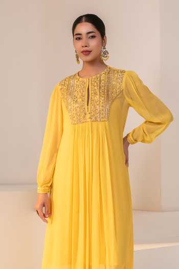 Buy_Rasasvada_Yellow Silk, Georgette, Dupion Round Neck Yoke Embellished Kurta _Online_at_Aza_Fashions