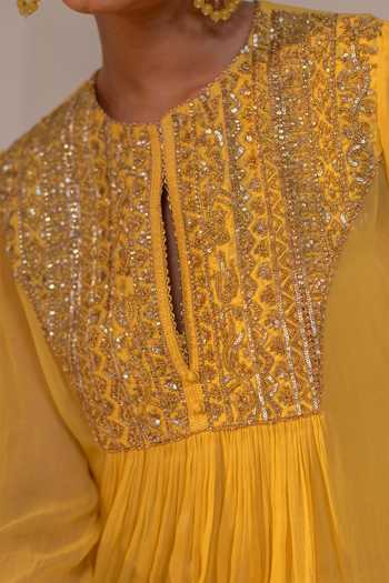 Shop_Rasasvada_Yellow Silk, Georgette, Dupion Round Neck Yoke Embellished Kurta _Online_at_Aza_Fashions