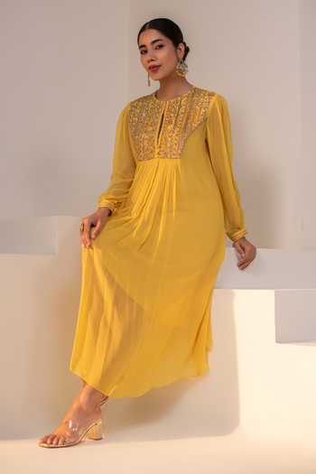 Rasasvada_Yellow Silk, Georgette, Dupion Round Neck Yoke Embellished Kurta _at_Aza_Fashions