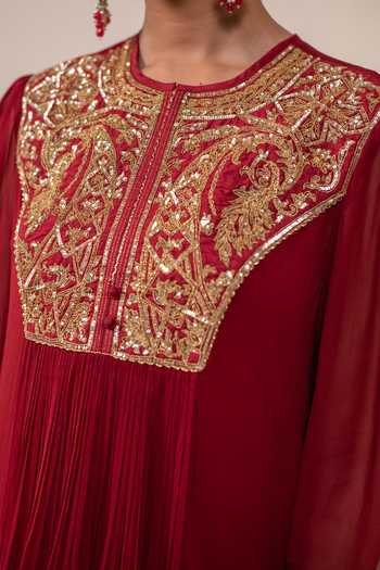 Rasasvada Maroon Georgette, Dupion, Silk Round Neck Placement Embellished Kurta Online at Aza Fashions Rasasvada_Maroon Georgette, Dupion, Silk Round Neck Placement Embellished Kurta _Online_at_Aza_Fashions