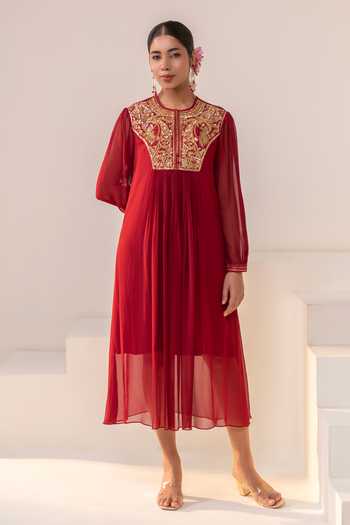 Shop Rasasvada Maroon Georgette, Dupion, Silk Round Neck Placement Embellished Kurta Online at Aza Fashions Shop_Rasasvada_Maroon Georgette, Dupion, Silk Round Neck Placement Embellished Kurta _Online_at_Aza_Fashions