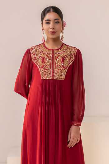 Buy Rasasvada Maroon Georgette, Dupion, Silk Round Neck Placement Embellished Kurta Buy_Rasasvada_Maroon Georgette, Dupion, Silk Round Neck Placement Embellished Kurta