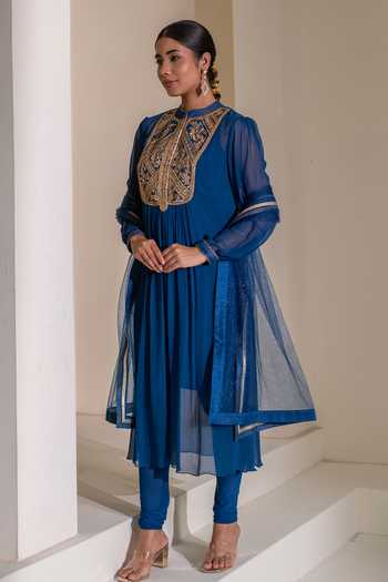 Rasasvada_Blue Georgette, Dupion, Silk Mandarin Yoke Embellished Kurta And Churidar Set _Online_at_Aza_Fashions