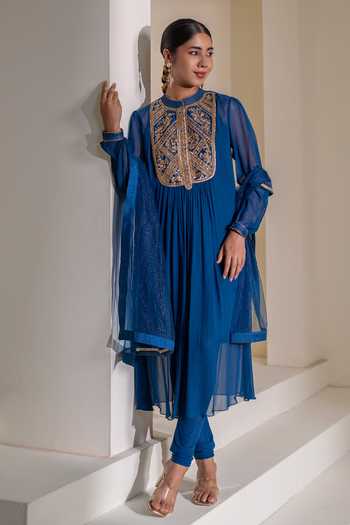 Buy_Rasasvada_Blue Georgette, Dupion, Silk Mandarin Yoke Embellished Kurta And Churidar Set _Online_at_Aza_Fashions