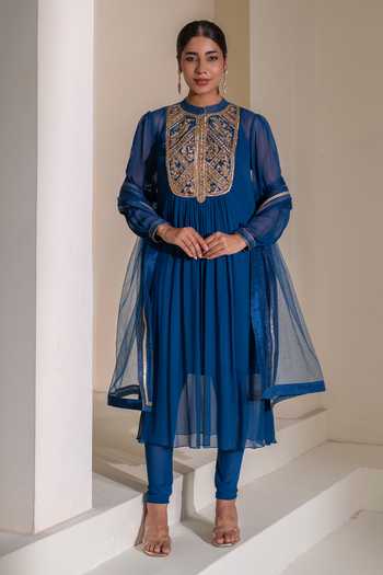 Shop_Rasasvada_Blue Georgette, Dupion, Silk Mandarin Yoke Embellished Kurta And Churidar Set _Online_at_Aza_Fashions