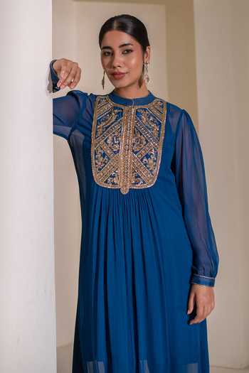 Rasasvada_Blue Georgette, Dupion, Silk Mandarin Yoke Embellished Kurta And Churidar Set _at_Aza_Fashions