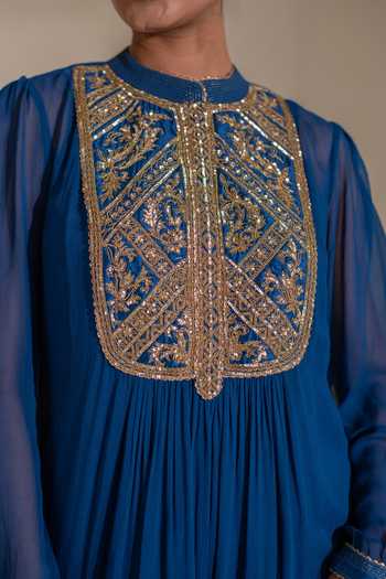 Buy_Rasasvada_Blue Georgette, Dupion, Silk Mandarin Yoke Embellished Kurta And Churidar Set 