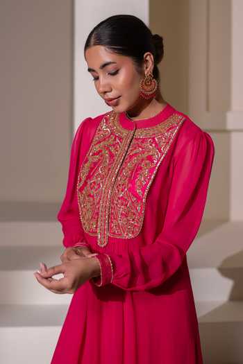 Rasasvada_Fuchsia Silk, Georgette, Dupion Round Neck Embellished Yoke Kurta _Online_at_Aza_Fashions