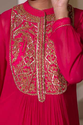 Buy_Rasasvada_Fuchsia Silk, Georgette, Dupion Round Neck Embellished Yoke Kurta _Online_at_Aza_Fashions