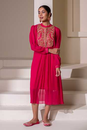 Shop_Rasasvada_Fuchsia Silk, Georgette, Dupion Round Neck Embellished Yoke Kurta _Online_at_Aza_Fashions
