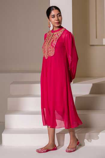 Rasasvada_Fuchsia Silk, Georgette, Dupion Round Neck Embellished Yoke Kurta _at_Aza_Fashions