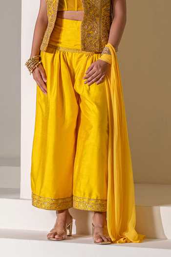 Rasasvada Yellow Silk, Georgette, Dupion Open Neck, Sweetheart Embroidered Jacket Pant Set Online at Aza Fashions Rasasvada_Yellow Silk, Georgette, Dupion Open Neck, Sweetheart Embroidered Jacket Pant Set _Online_at_Aza_Fashions