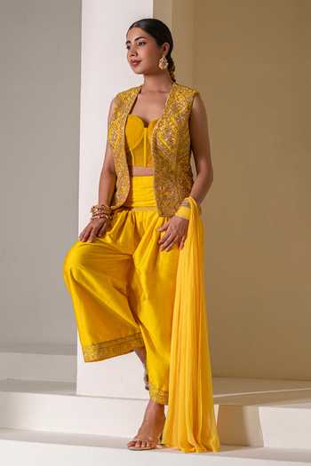 Buy Rasasvada Yellow Silk, Georgette, Dupion Open Neck, Sweetheart Embroidered Jacket Pant Set Online at Aza Fashions Buy_Rasasvada_Yellow Silk, Georgette, Dupion Open Neck, Sweetheart Embroidered Jacket Pant Set _Online_at_Aza_Fashions