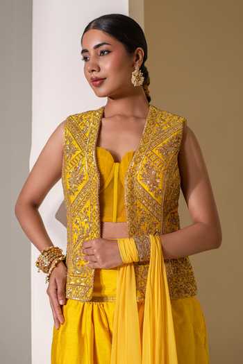 Shop Rasasvada Yellow Silk, Georgette, Dupion Open Neck, Sweetheart Embroidered Jacket Pant Set Online at Aza Fashions Shop_Rasasvada_Yellow Silk, Georgette, Dupion Open Neck, Sweetheart Embroidered Jacket Pant Set _Online_at_Aza_Fashions