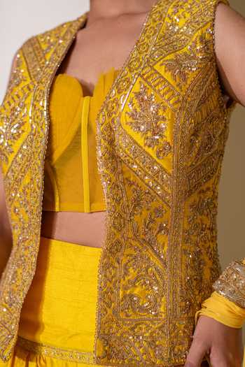 Rasasvada Yellow Silk, Georgette, Dupion Open Neck, Sweetheart Embroidered Jacket Pant Set at Aza Fashions Rasasvada_Yellow Silk, Georgette, Dupion Open Neck, Sweetheart Embroidered Jacket Pant Set _at_Aza_Fashions