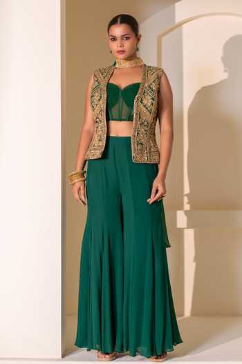 Rasasvada_Emerald Green Silk, Georgette, Dupion V-neck, Embellished Jacket Sharara Set _Online_at_Aza_Fashions
