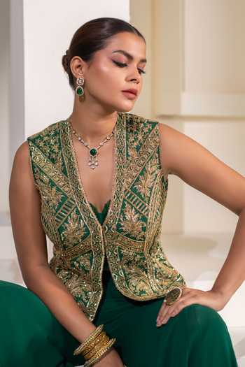 Buy_Rasasvada_Emerald Green Silk, Georgette, Dupion V-neck, Embellished Jacket Sharara Set _Online_at_Aza_Fashions