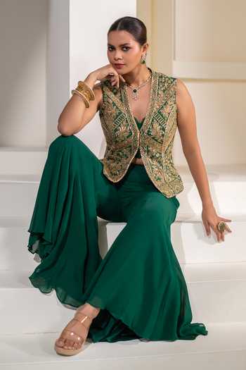 Shop_Rasasvada_Emerald Green Silk, Georgette, Dupion V-neck, Embellished Jacket Sharara Set _Online_at_Aza_Fashions