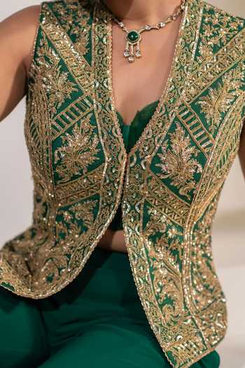 Rasasvada_Emerald Green Silk, Georgette, Dupion V-neck, Embellished Jacket Sharara Set _at_Aza_Fashions