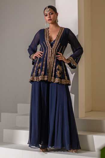 Rasasvada Blue Georgette V-, Plunge Embroidered Kalidar Jacket Set Online at Aza Fashions Rasasvada_Blue Georgette V-, Plunge Embroidered Kalidar Jacket Set _Online_at_Aza_Fashions