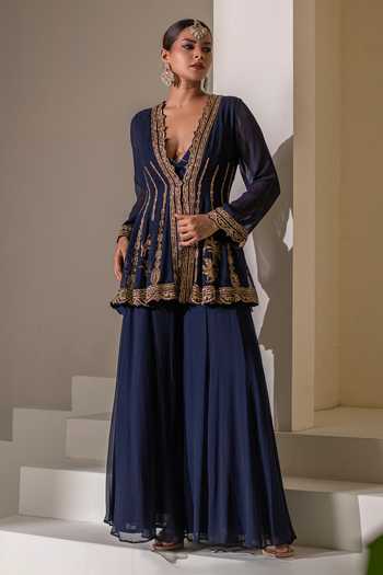 Shop Rasasvada Blue Georgette V-, Plunge Embroidered Kalidar Jacket Set Online at Aza Fashions Shop_Rasasvada_Blue Georgette V-, Plunge Embroidered Kalidar Jacket Set _Online_at_Aza_Fashions
