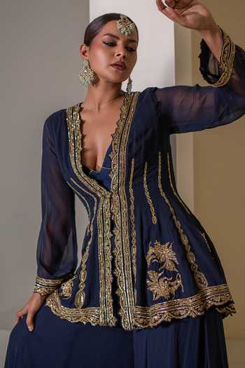 Rasasvada Blue Georgette V-, Plunge Embroidered Kalidar Jacket Set at Aza Fashions Rasasvada_Blue Georgette V-, Plunge Embroidered Kalidar Jacket Set _at_Aza_Fashions