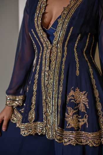 Buy Rasasvada Blue Georgette V-, Plunge Embroidered Kalidar Jacket Set Buy_Rasasvada_Blue Georgette V-, Plunge Embroidered Kalidar Jacket Set
