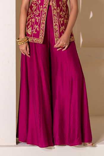 Rasasvada_Magenta Chanderi V-neck Embellished Jacket Sharara Set _Online_at_Aza_Fashions