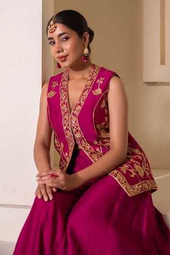 Buy_Rasasvada_Magenta Chanderi V-neck Embellished Jacket Sharara Set _Online_at_Aza_Fashions