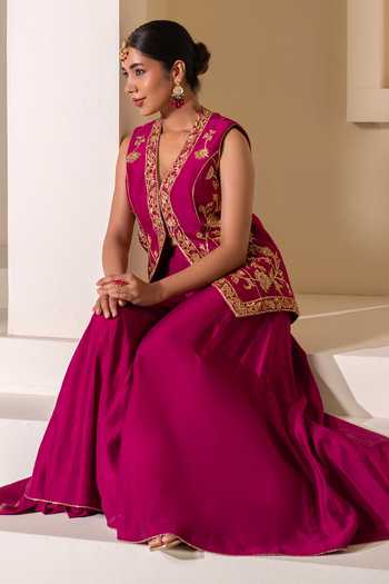 Shop_Rasasvada_Magenta Chanderi V-neck Embellished Jacket Sharara Set _Online_at_Aza_Fashions